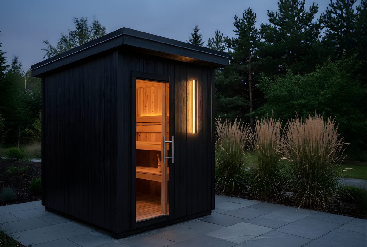 Cold Spring L-Series sauna at dusk, door open to a lit interior