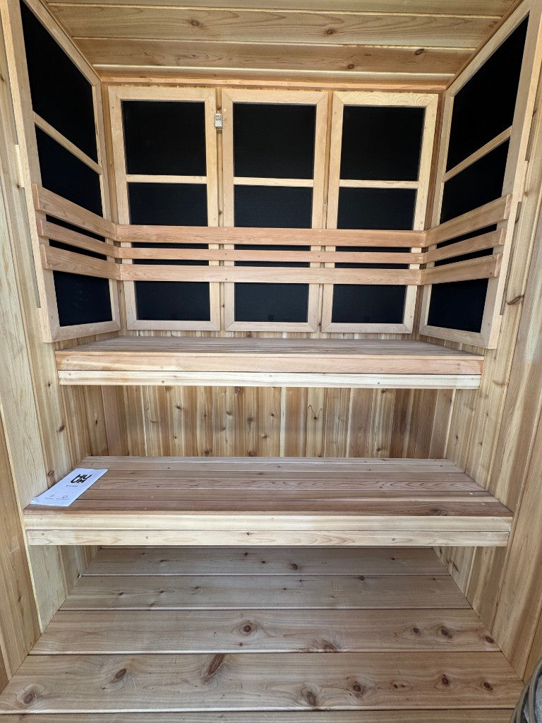 Two levels of knotty cedar benches