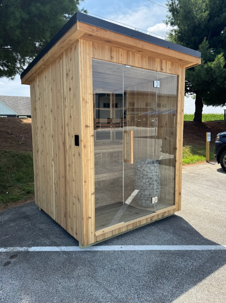 S-Series sauna outside the shop, glass front and cedar walls